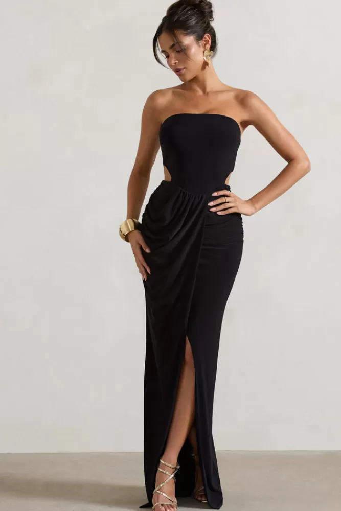 Abito Longuissimo Senza Spalline con Inserti Traforati e Gonna a Spirale - Nero Elegante | Acquista Online su Club L London Collezione St Barts