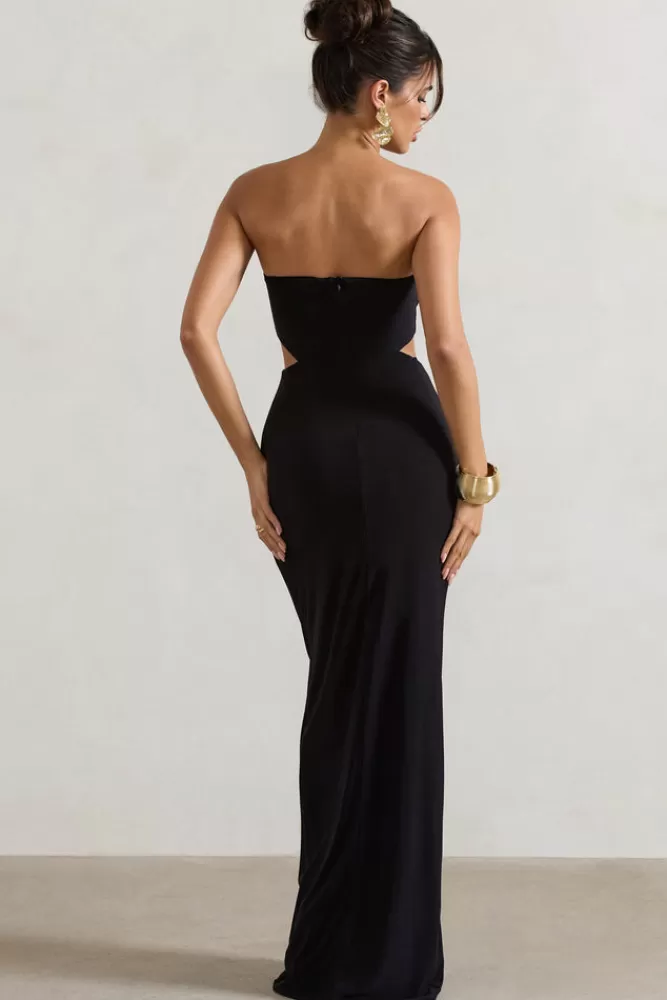 Abito Longuissimo Senza Spalline con Inserti Traforati e Gonna a Spirale - Nero Elegante | Acquista Online su Club L London Collezione St Barts