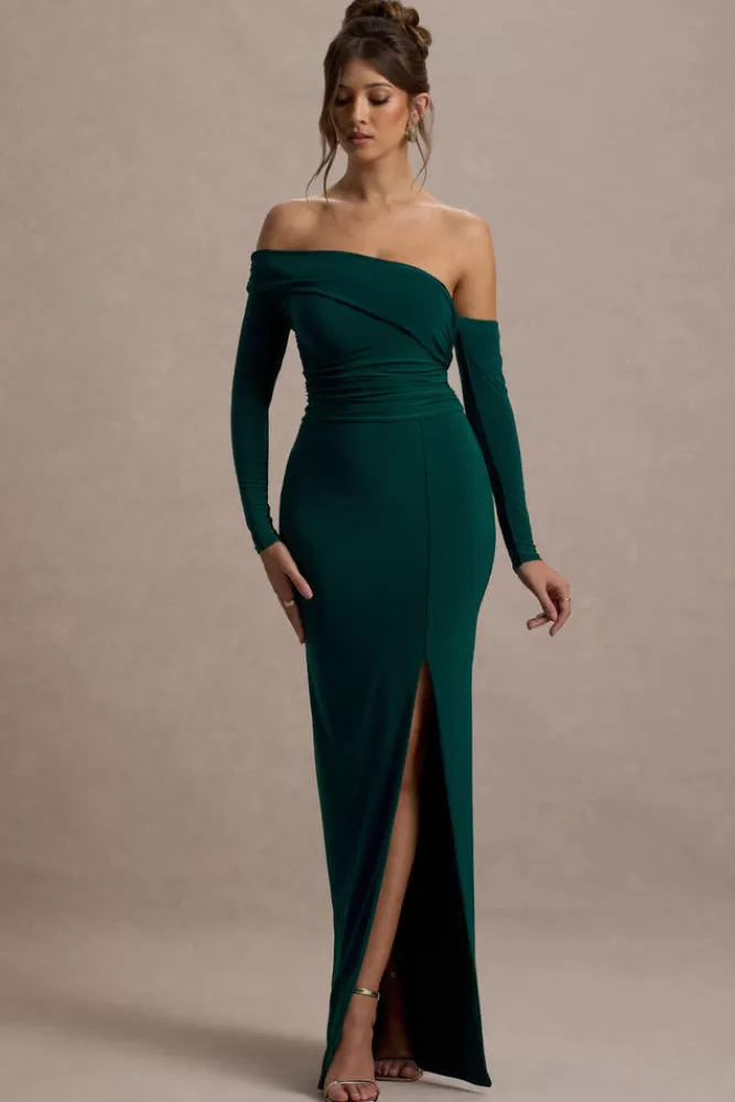 Abito Longuette Verde Bottiglia con Manica Lunga e Scollo alla Bardot - Design Plissettato Elegante e Spacco Laterale per un Look Unico di Club L London