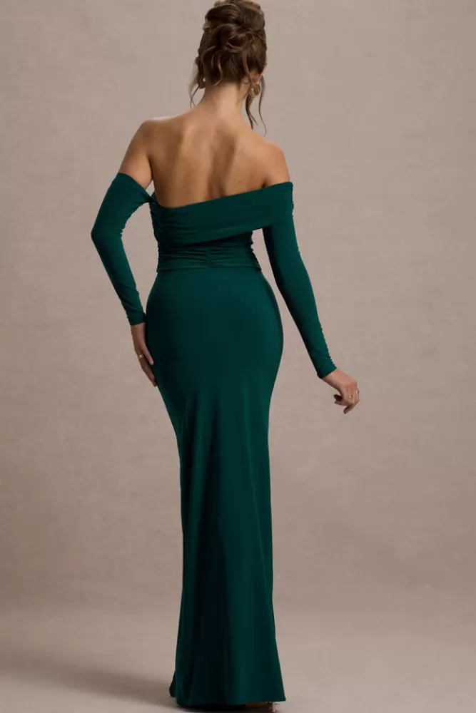 Abito Longuette Verde Bottiglia con Manica Lunga e Scollo alla Bardot - Design Plissettato Elegante e Spacco Laterale per un Look Unico di Club L London