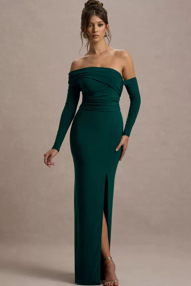 Abito Longuette Verde Bottiglia con Manica Lunga e Scollo alla Bardot - Design Plissettato Elegante e Spacco Laterale per un Look Unico di Club L London
