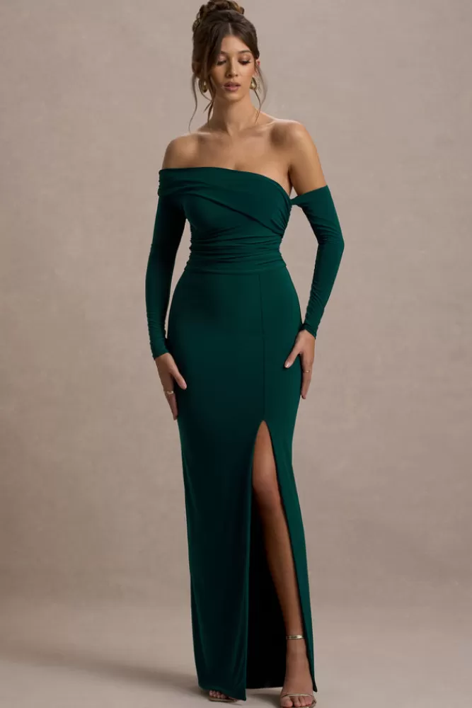 Abito Longuette Verde Bottiglia con Manica Lunga e Scollo alla Bardot - Design Plissettato Elegante e Spacco Laterale per un Look Unico di Club L London