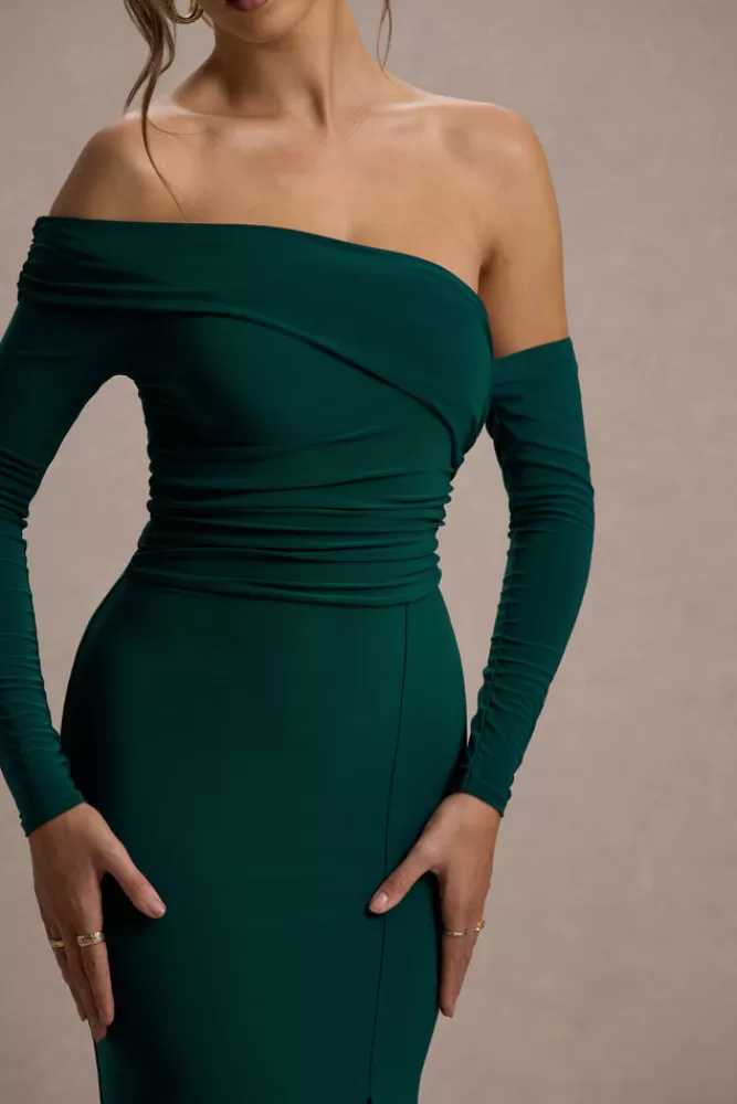 Abito Longuette Verde Bottiglia con Manica Lunga e Scollo alla Bardot - Design Plissettato Elegante e Spacco Laterale per un Look Unico di Club L London