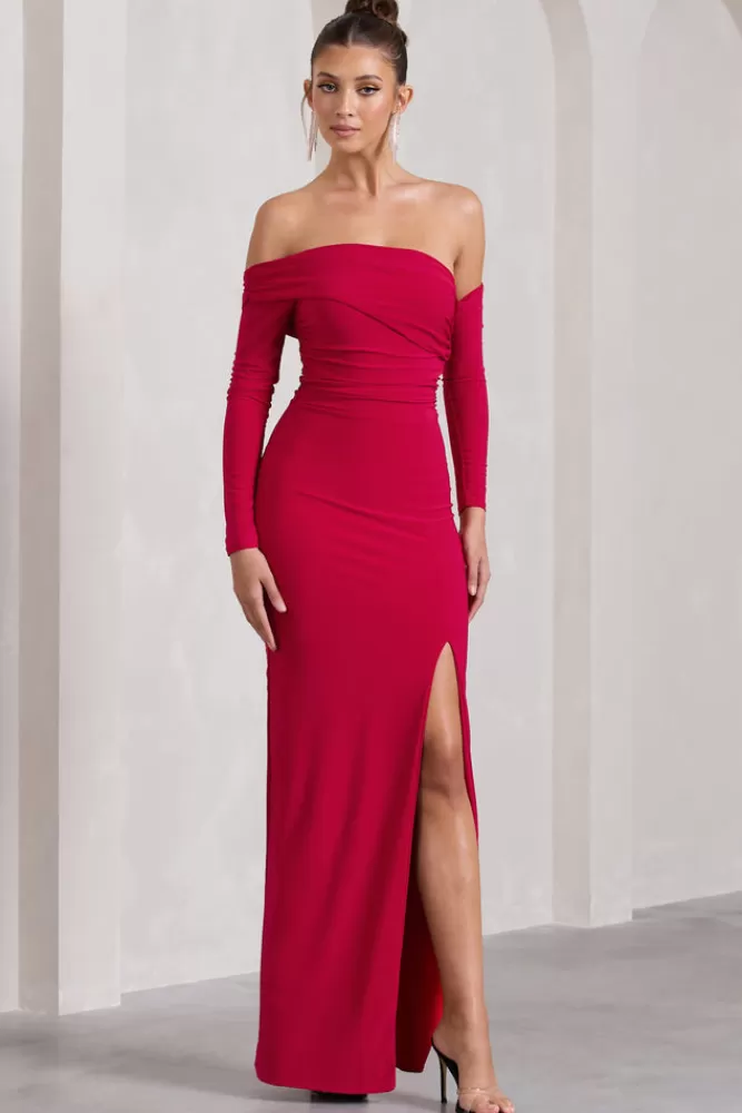 Abito lungo elegante Club L London con manica lunga Bardot, drappeggi laterali e spacco - Rosso vivace da sera