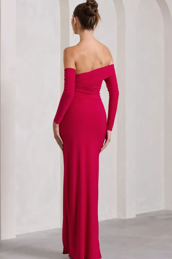Abito lungo elegante Club L London con manica lunga Bardot, drappeggi laterali e spacco - Rosso vivace da sera