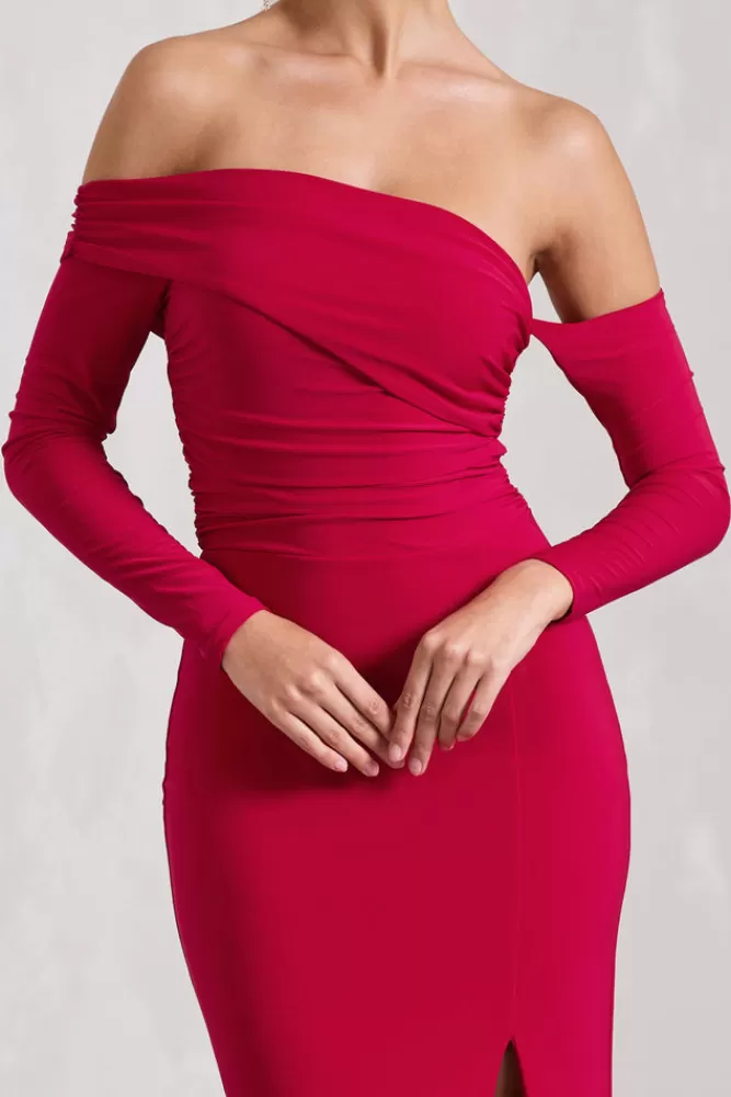 Abito lungo elegante Club L London con manica lunga Bardot, drappeggi laterali e spacco - Rosso vivace da sera