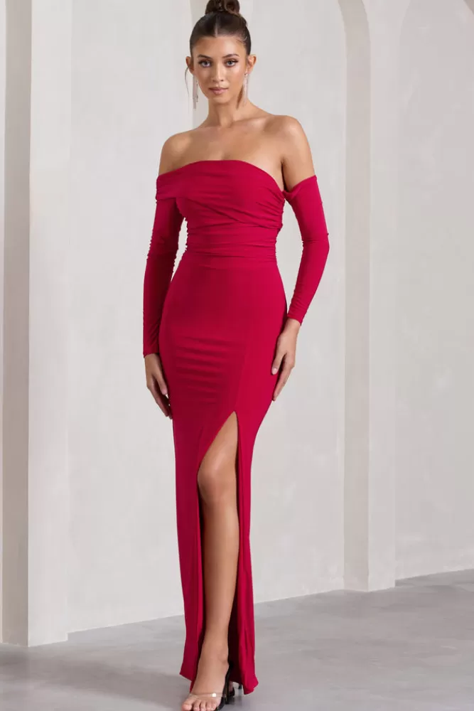 Abito lungo elegante Club L London con manica lunga Bardot, drappeggi laterali e spacco - Rosso vivace da sera