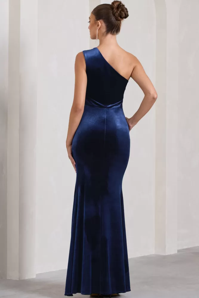 Club L London - Abito Lungo Asimmetrico in Velluto con Spacco | Collezione Notte Stellata - Blu Marino Elegante