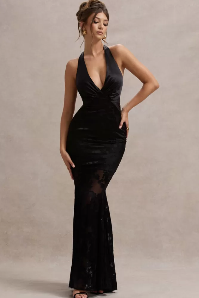 Club L London | Racconti del Tramonto - Abito lungo in satin devoré con scollatura profonda e coda di sirena, Nero - Eleganza senza tempo