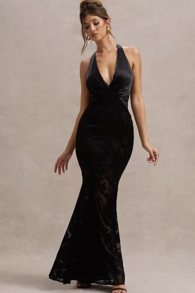 Club L London | Racconti del Tramonto - Abito lungo in satin devoré con scollatura profonda e coda di sirena, Nero - Eleganza senza tempo