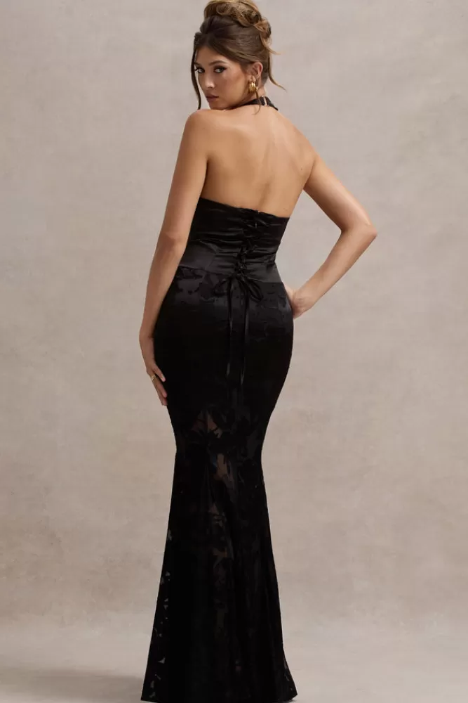 Club L London | Racconti del Tramonto - Abito lungo in satin devoré con scollatura profonda e coda di sirena, Nero - Eleganza senza tempo