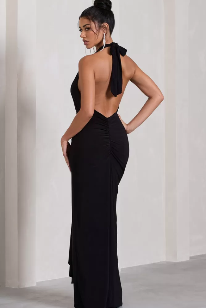 Élégante Vestito Lungo Scollatura Profonda con Spaghetta e Drappeggio Avvolto - Nero Opaco | Collezione Tabloid Talk by Club L London