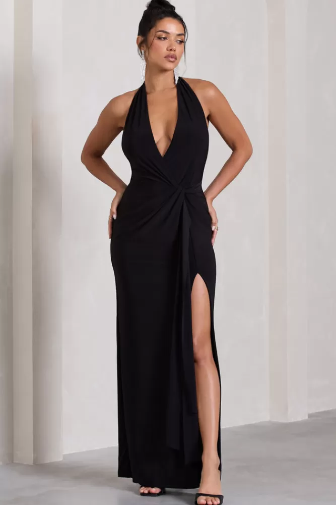 Élégante Vestito Lungo Scollatura Profonda con Spaghetta e Drappeggio Avvolto - Nero Opaco | Collezione Tabloid Talk by Club L London