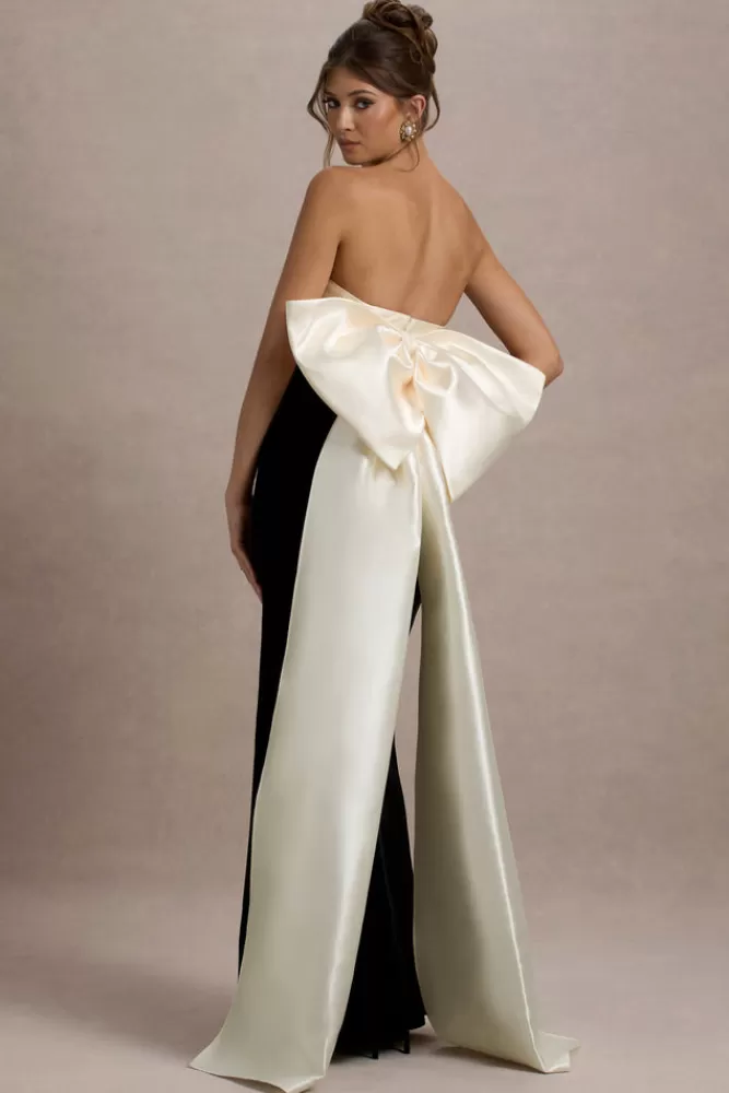 Abito Longuette Sposa in Velluto Club L London | Senza Spalline con Fiocco Oversize in Tinta Unita Nero e Cream - Collezione BLACKANDCREAM