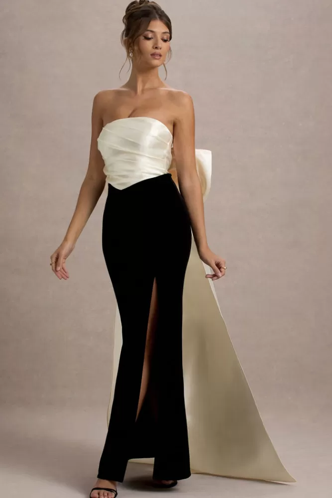 Abito Longuette Sposa in Velluto Club L London | Senza Spalline con Fiocco Oversize in Tinta Unita Nero e Cream - Collezione BLACKANDCREAM