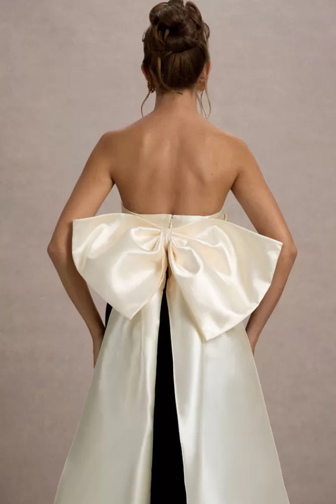 Abito Longuette Sposa in Velluto Club L London | Senza Spalline con Fiocco Oversize in Tinta Unita Nero e Cream - Collezione BLACKANDCREAM