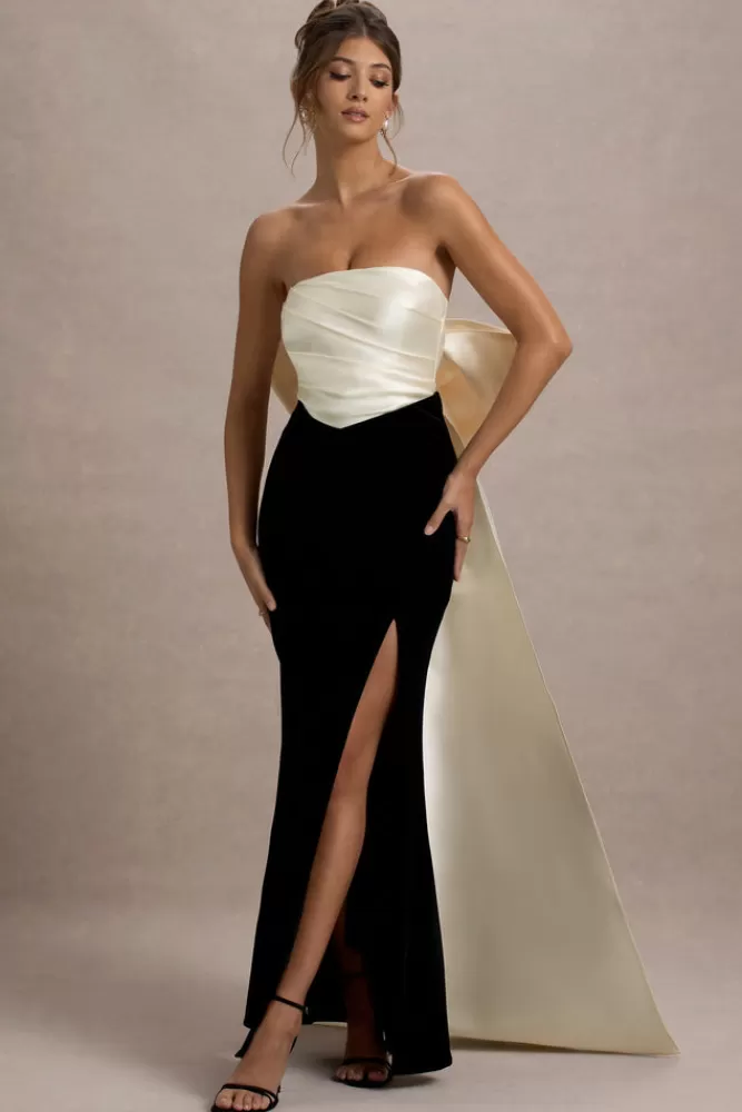Abito Longuette Sposa in Velluto Club L London | Senza Spalline con Fiocco Oversize in Tinta Unita Nero e Cream - Collezione BLACKANDCREAM