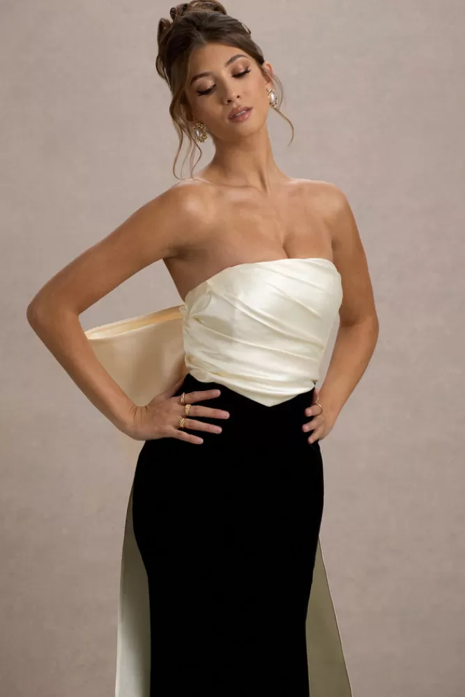 Abito Longuette Sposa in Velluto Club L London | Senza Spalline con Fiocco Oversize in Tinta Unita Nero e Cream - Collezione BLACKANDCREAM
