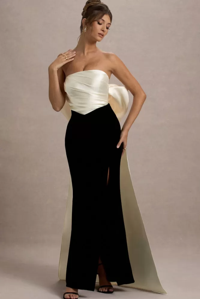 Abito Longuette Sposa in Velluto Club L London | Senza Spalline con Fiocco Oversize in Tinta Unita Nero e Cream - Collezione BLACKANDCREAM