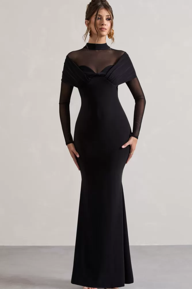 Abito Tasha in Tulle Collo Alto di Club L London - Vestito Lungo Manica Lunga Nero, Stile Chic e Confortevole a Prezzo Accessibile