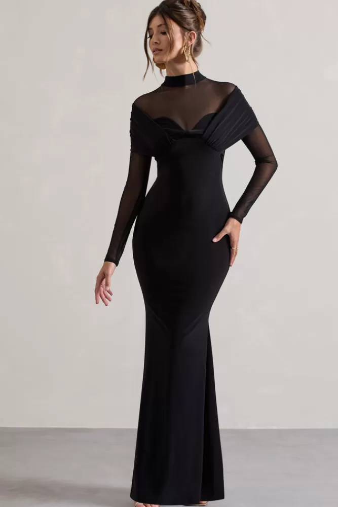 Abito Tasha in Tulle Collo Alto di Club L London - Vestito Lungo Manica Lunga Nero, Stile Chic e Confortevole a Prezzo Accessibile