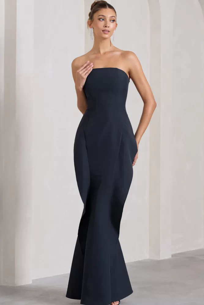 Abito da sera elegante senza spalline con drappeggio plissettato - Vestito lungo a coda di sirena blu navy di Club L London, vestibilità perfetta per look da favola, ideale per occasioni speciali.