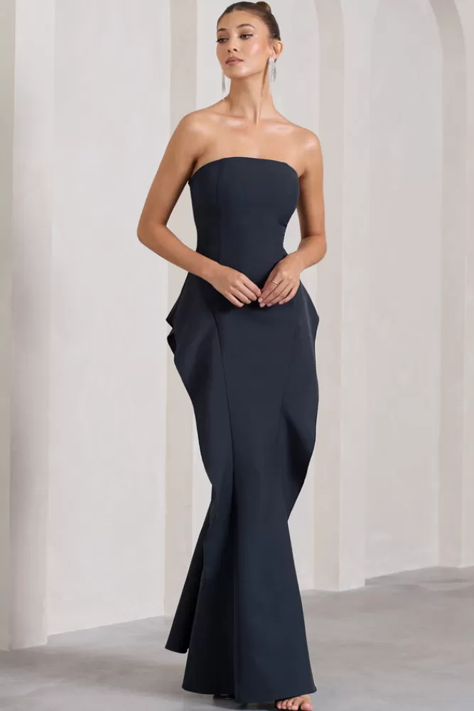 Abito da sera elegante senza spalline con drappeggio plissettato - Vestito lungo a coda di sirena blu navy di Club L London, vestibilità perfetta per look da favola, ideale per occasioni speciali.