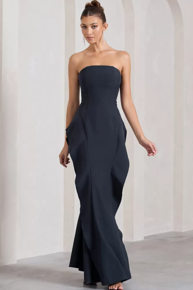 Abito da sera elegante senza spalline con drappeggio plissettato - Vestito lungo a coda di sirena blu navy di Club L London, vestibilità perfetta per look da favola, ideale per occasioni speciali.