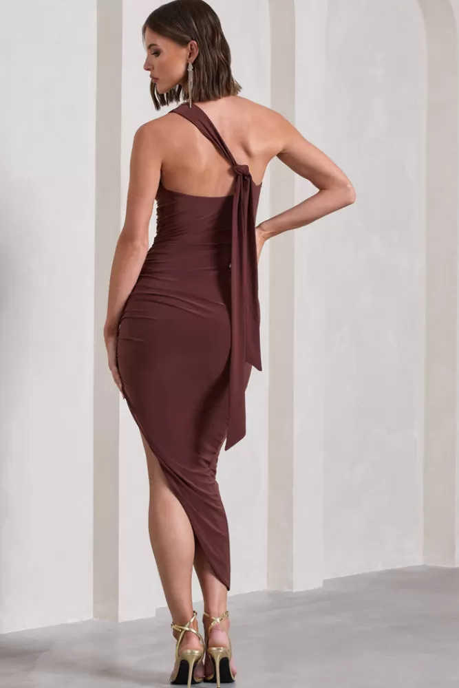 Club L London: Abito Maxi Monospalla in Marrone Cioccolato con Drappeggi Asimmetrici e Schiena Aperta - Stile Avvolgente per Serate Indimenticabili