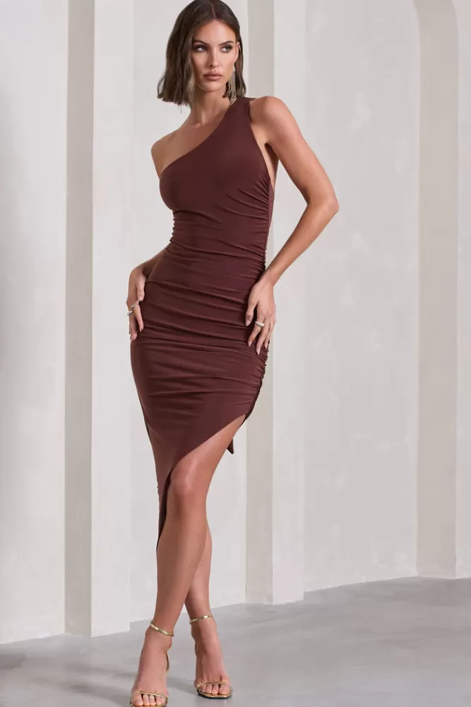 Club L London: Abito Maxi Monospalla in Marrone Cioccolato con Drappeggi Asimmetrici e Schiena Aperta - Stile Avvolgente per Serate Indimenticabili