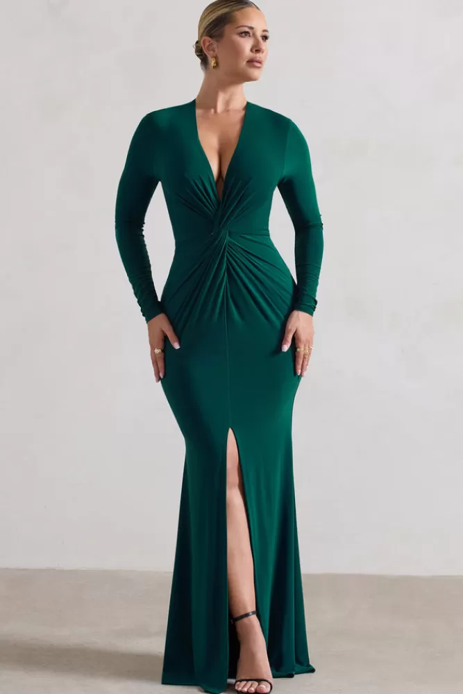 Club L London - Vestito Lungo Tianna in Verde Bottiglia con Scollo Profondo e Dettaglio Twisté, Spacco Laterale - Abito Elegante a Prezzo Vantaggioso