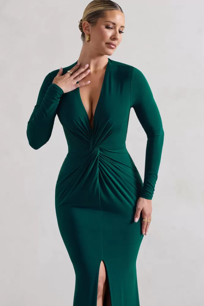 Club L London - Vestito Lungo Tianna in Verde Bottiglia con Scollo Profondo e Dettaglio Twisté, Spacco Laterale - Abito Elegante a Prezzo Vantaggioso