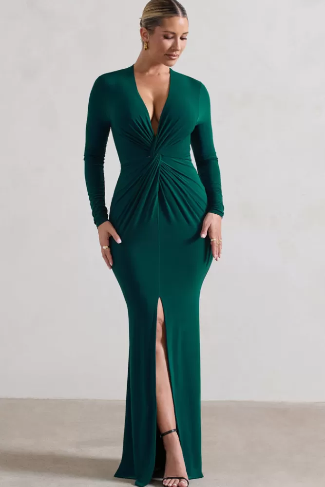 Club L London - Vestito Lungo Tianna in Verde Bottiglia con Scollo Profondo e Dettaglio Twisté, Spacco Laterale - Abito Elegante a Prezzo Vantaggioso