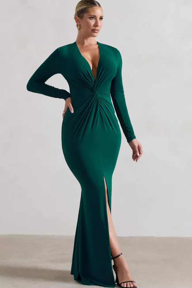 Club L London - Vestito Lungo Tianna in Verde Bottiglia con Scollo Profondo e Dettaglio Twisté, Spacco Laterale - Abito Elegante a Prezzo Vantaggioso