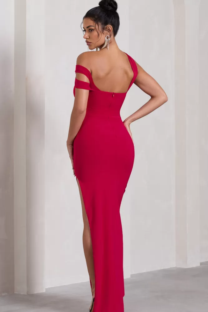 Club L London To The Max - Abito Lungo Asimmetrico con Lacci, Spacco Laterale e Drappeggio in Rosso - Vestito Elegante Nuova Collezione