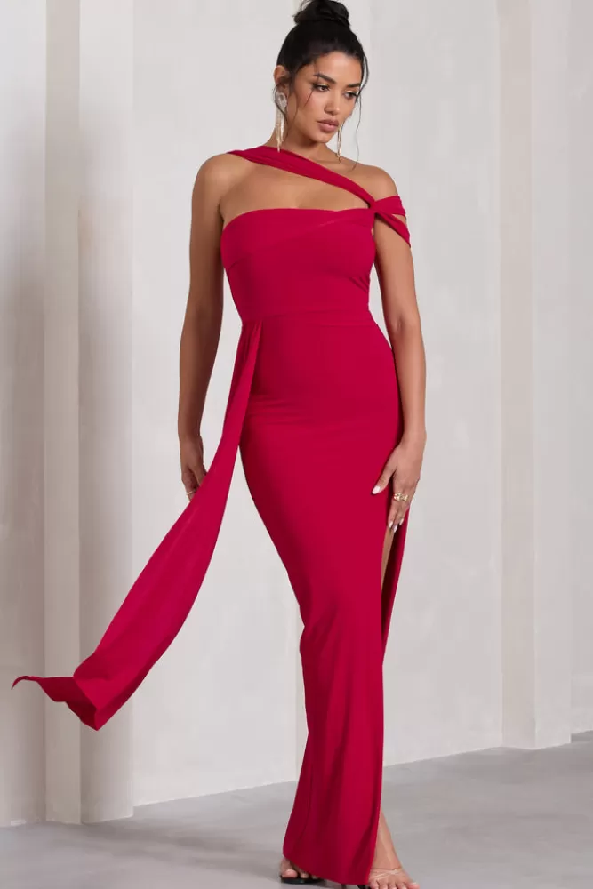 Club L London To The Max - Abito Lungo Asimmetrico con Lacci, Spacco Laterale e Drappeggio in Rosso - Vestito Elegante Nuova Collezione