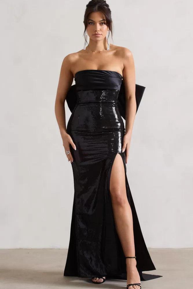 Abito Elegante in Paillettes Nero con Spacco e Fiocco Gigante - Club L Londra | Vestito da Sera Glamour per Serate Indimenticabili