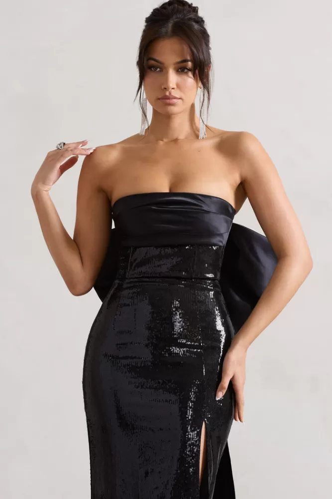 Abito Elegante in Paillettes Nero con Spacco e Fiocco Gigante - Club L Londra | Vestito da Sera Glamour per Serate Indimenticabili