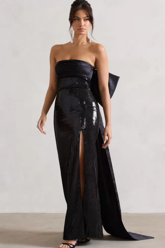 Abito Elegante in Paillettes Nero con Spacco e Fiocco Gigante - Club L Londra | Vestito da Sera Glamour per Serate Indimenticabili