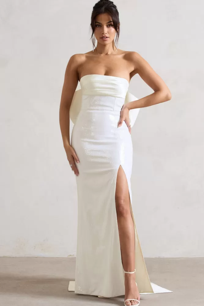 Club L London - Abito Elegante in Effetto Lucido con Spacco e Fiocco Oversize | Abito da Sera Bianco Puro con Scollo Bandeau | Promozione Estiva Limitata
