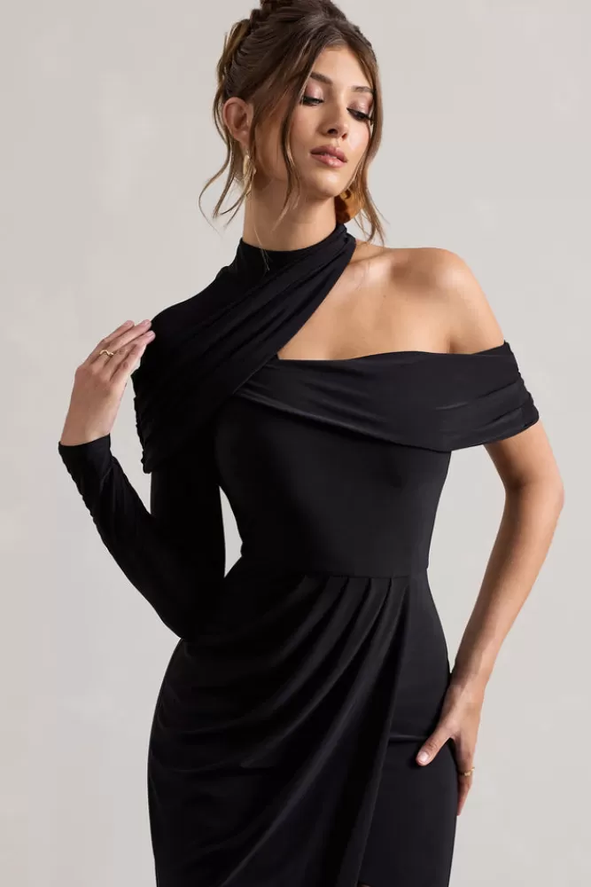 Vestito Asimmetrico Scollo Alto con Spacco · Abito Lungo Elegante Tyla · Club L London Nero · Edizione Speciale Saldi