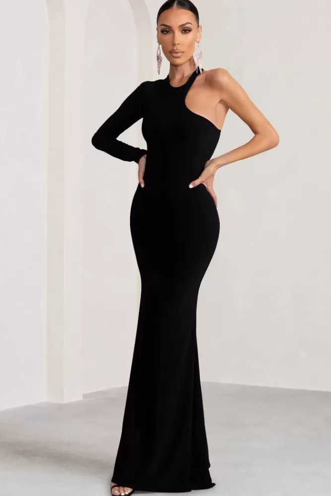 Abito lungo elegante con scollo asimmetrico e schiena scoperta con dettaglio sensuale in nero – Tyra by Club L London