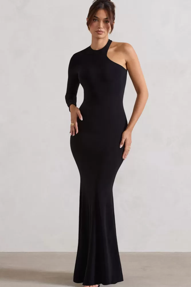 Abito lungo elegante con scollo asimmetrico e schiena scoperta con dettaglio sensuale in nero – Tyra by Club L London