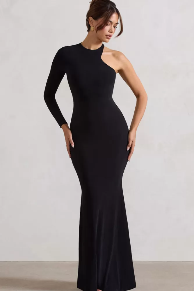 Abito lungo elegante con scollo asimmetrico e schiena scoperta con dettaglio sensuale in nero – Tyra by Club L London