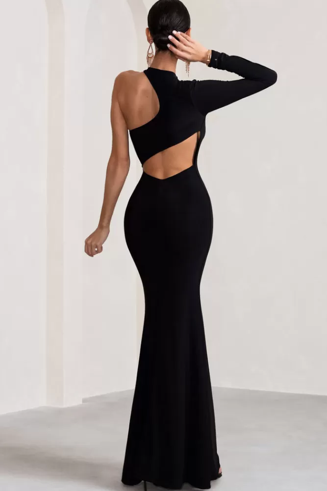 Abito lungo elegante con scollo asimmetrico e schiena scoperta con dettaglio sensuale in nero – Tyra by Club L London