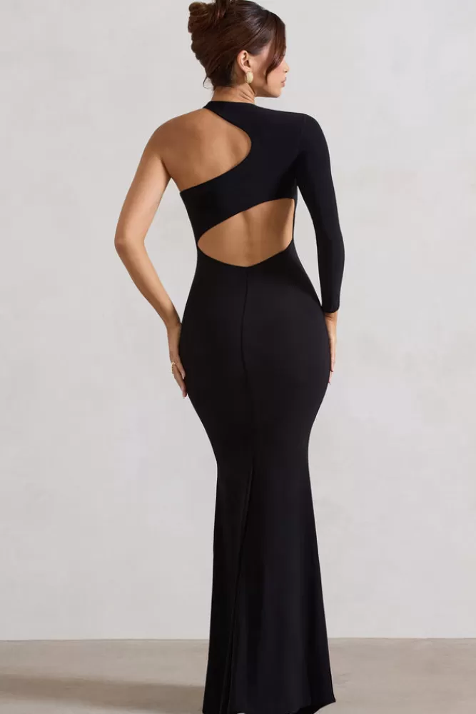 Abito lungo elegante con scollo asimmetrico e schiena scoperta con dettaglio sensuale in nero – Tyra by Club L London