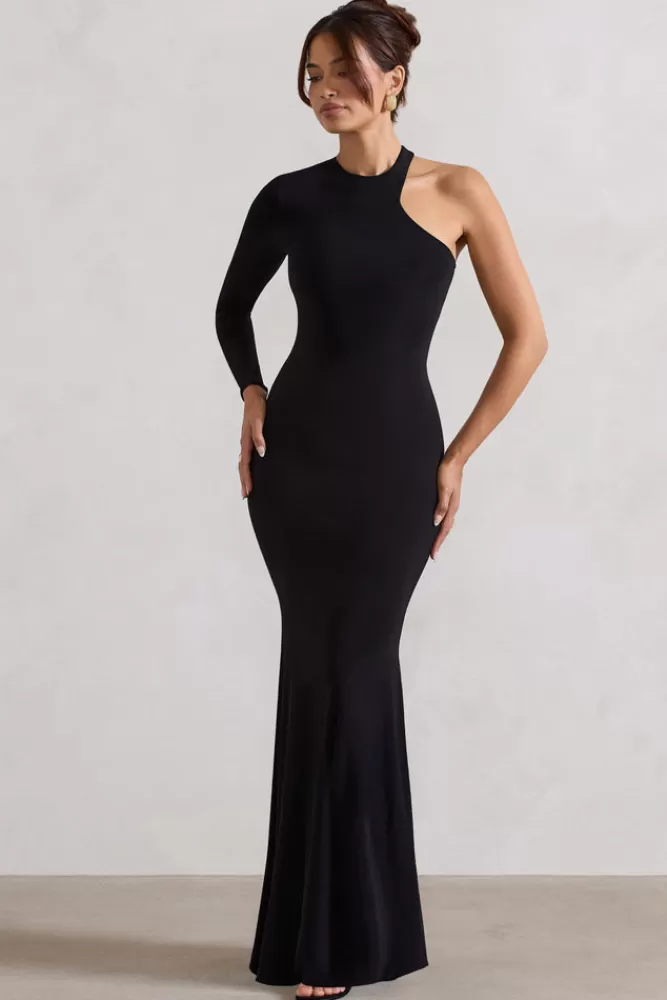Abito lungo elegante con scollo asimmetrico e schiena scoperta con dettaglio sensuale in nero – Tyra by Club L London