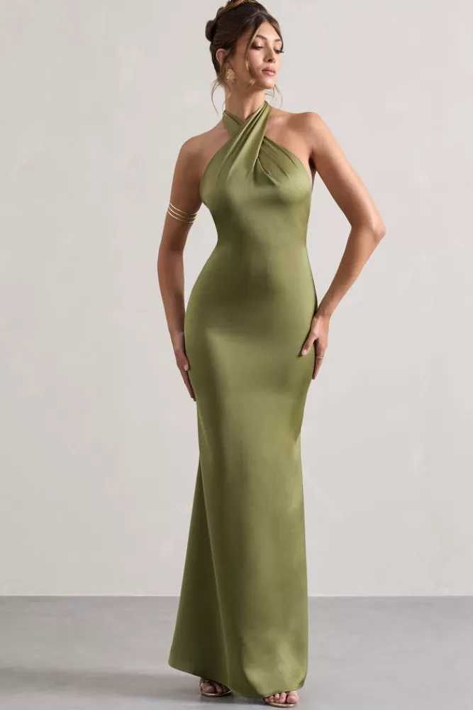 Abito Midi in Raso Verde Oliva con Scollo Incrociato - Club L London Collezione Esclusiva