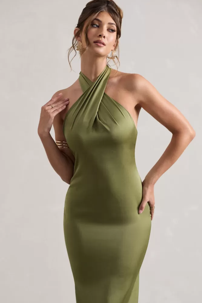 Abito Midi in Raso Verde Oliva con Scollo Incrociato - Club L London Collezione Esclusiva
