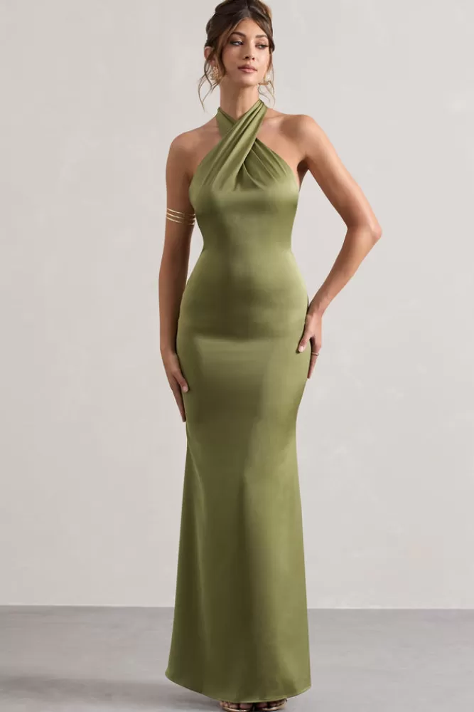 Abito Midi in Raso Verde Oliva con Scollo Incrociato - Club L London Collezione Esclusiva